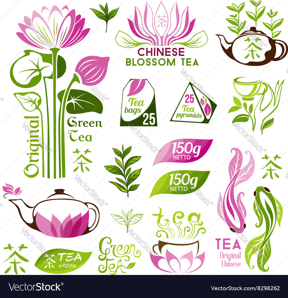 Chinese blossom and green tea emblems