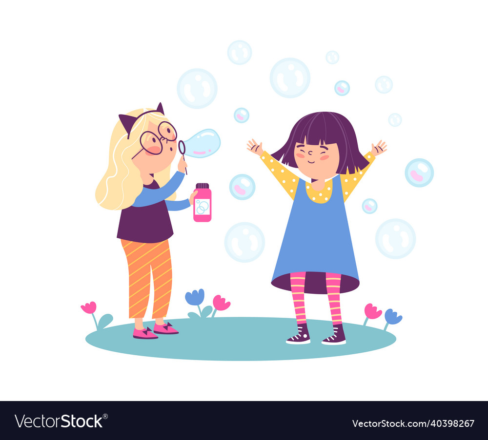 Cute girl friends playing with soap bubbles flat