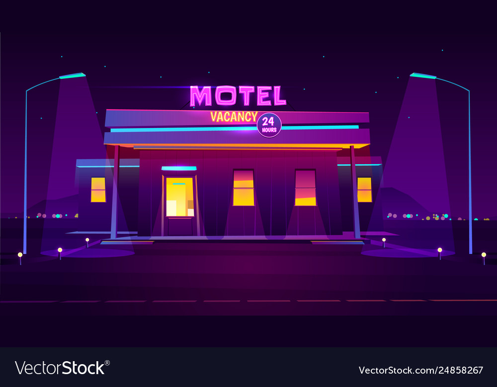 Illuminated road motel building cartoon Royalty Free Vector