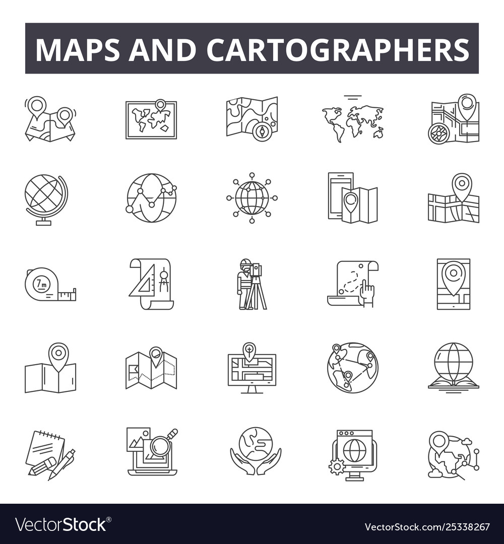 Maps and cartographers line icons signs