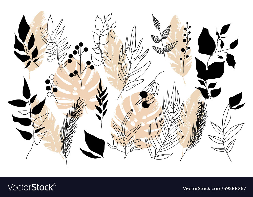 Set of colorful leaves and branches on white vector image Set of colorful leaves and branches on white