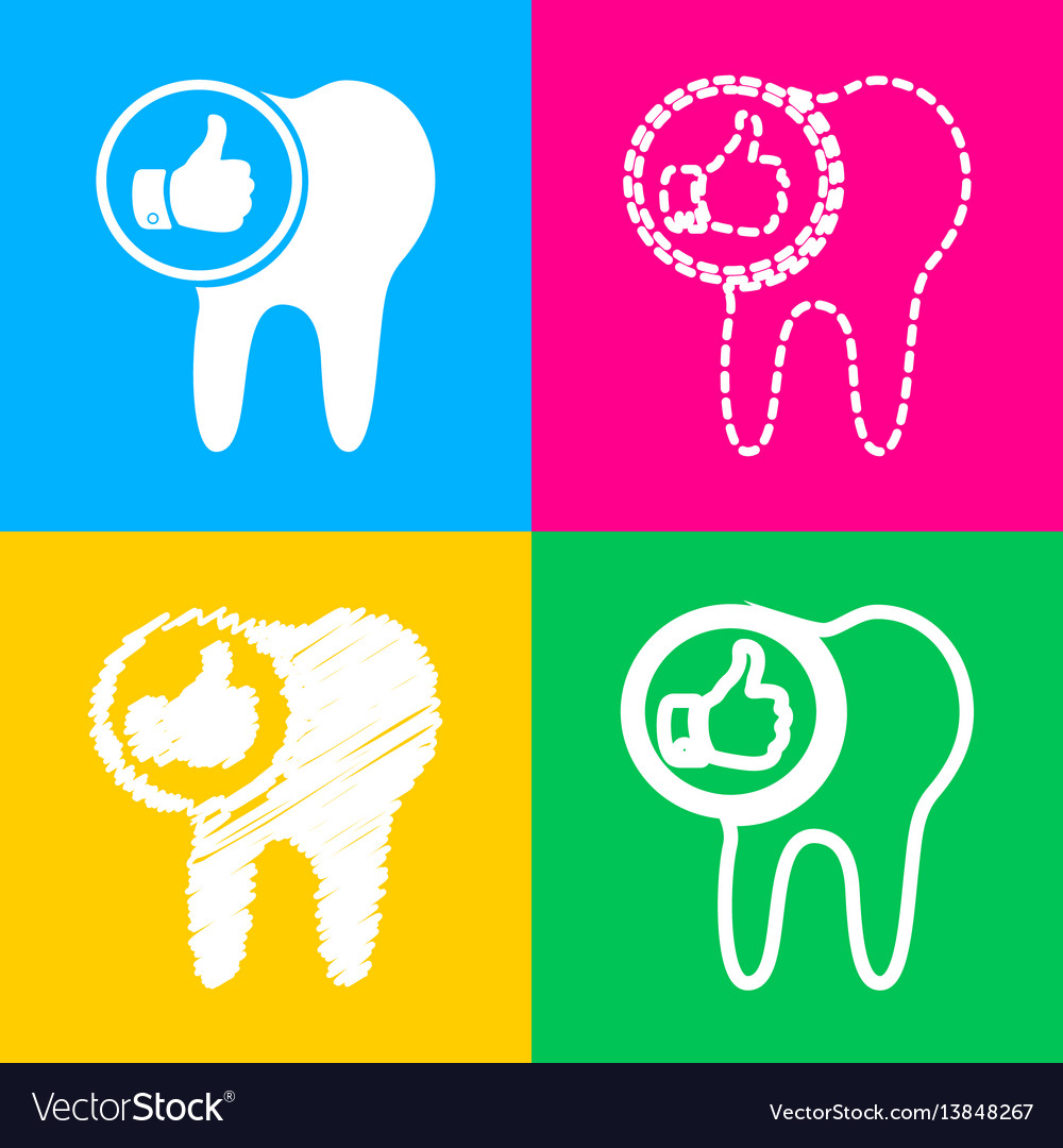 Tooth sign with thumbs up symbol four styles