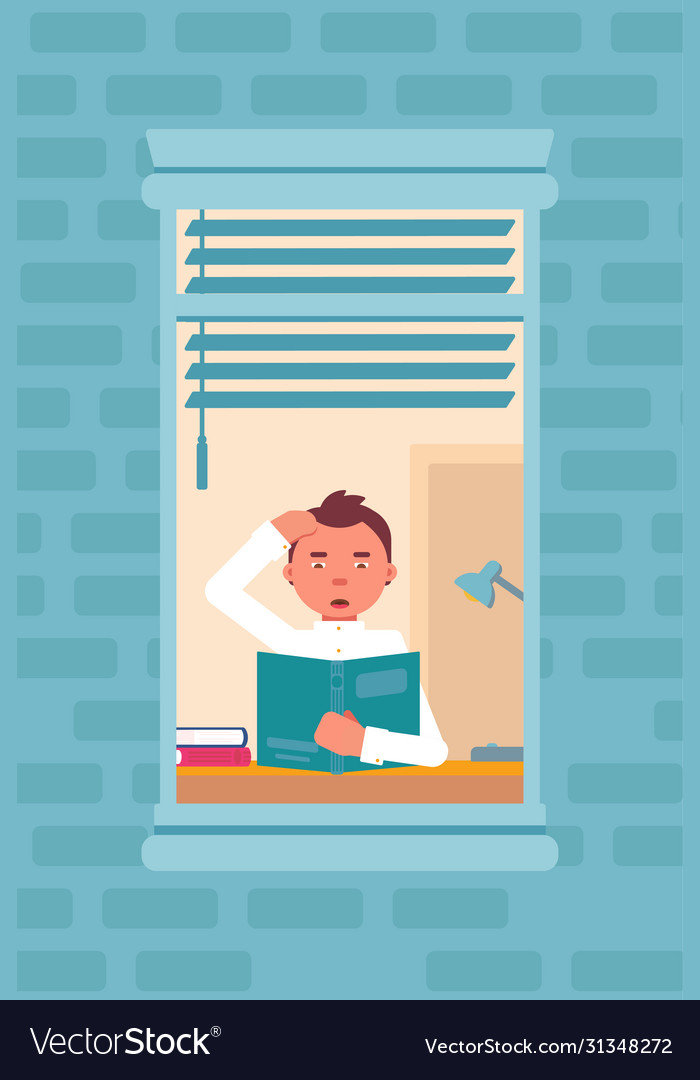Affected schoolboy looking at book in house window