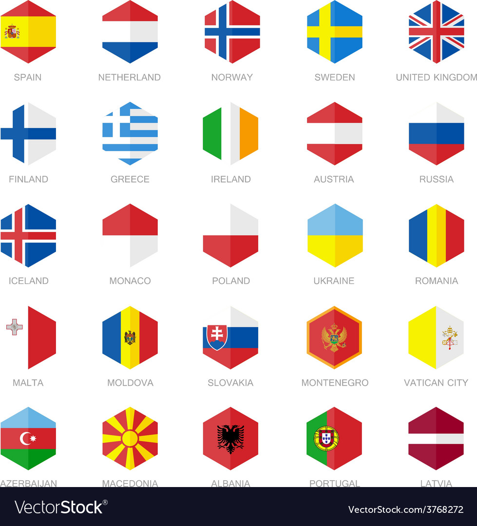 Download Europe flag icons hexagon flat design Royalty Free Vector