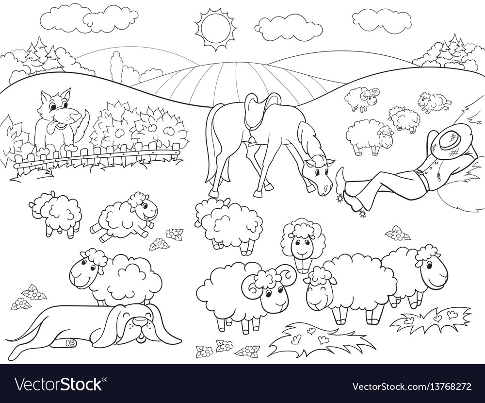 Pasture Sheep With A Shepherd And Dog Coloring Vector Image