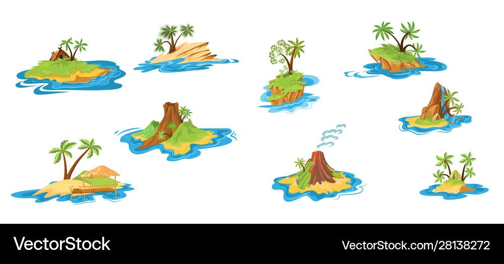 Set Different Scenes Islands With Huts Royalty Free Vector