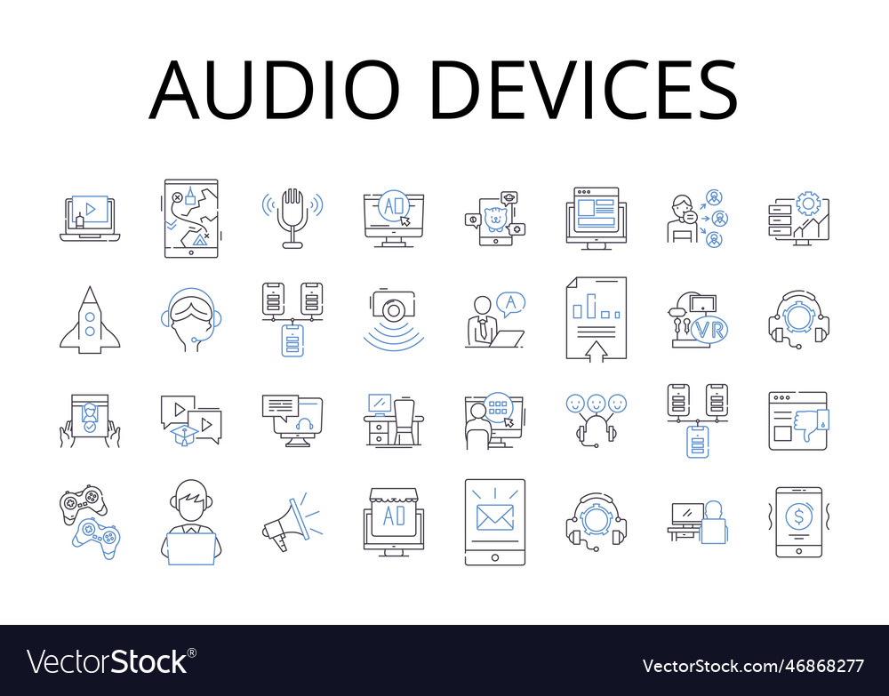 Audio devices line icons collection text messages