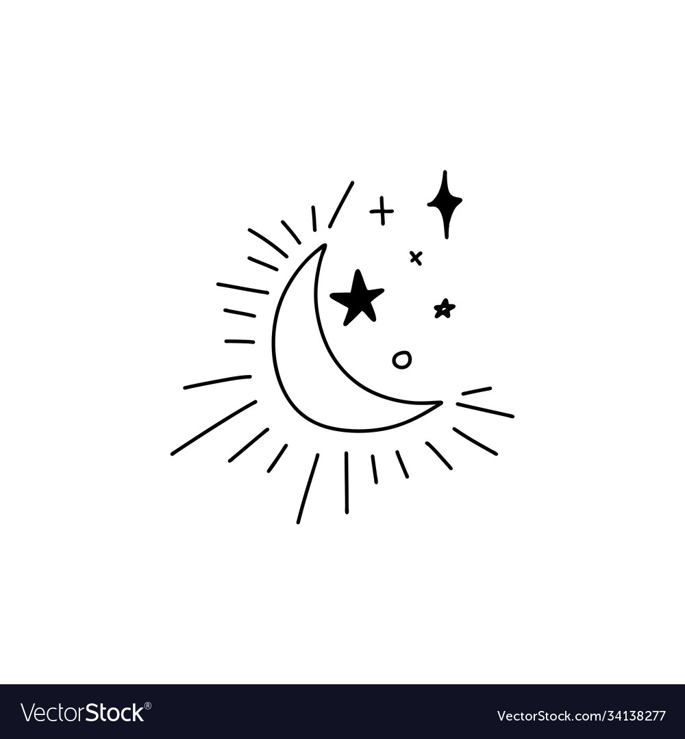 Doodle outline shining waning moon and stars Vector Image