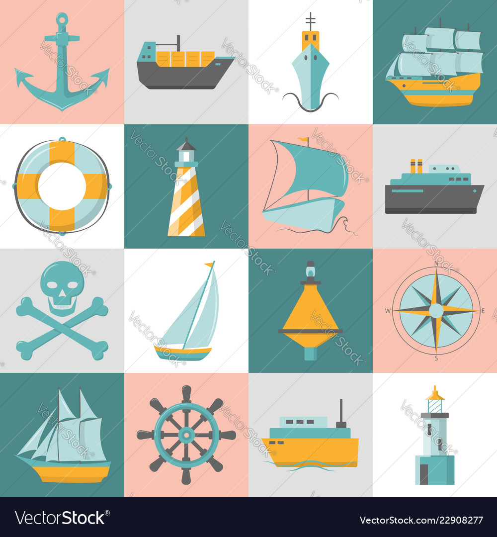 Marine collection of ship icons in flat style