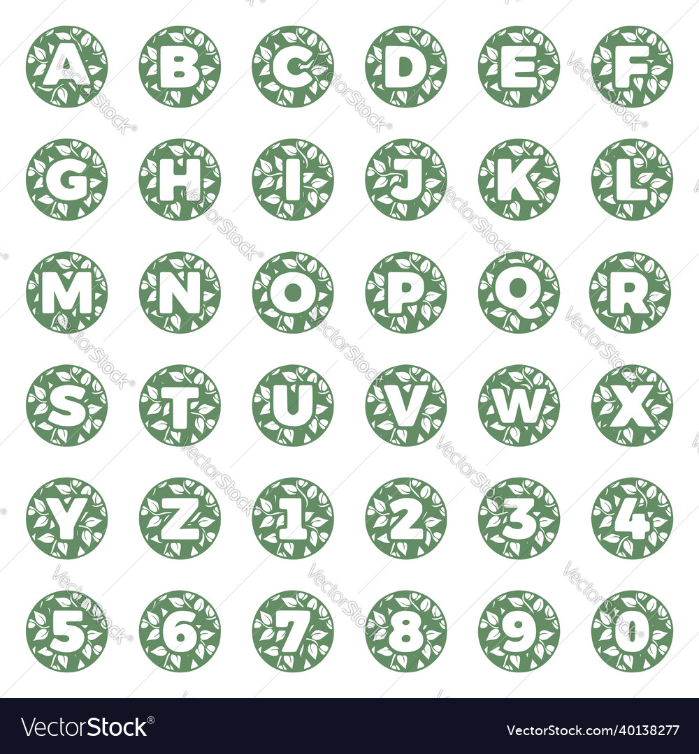 Set of letters and numbers with leaves in round vector image Set of letters and numbers with leaves in round
