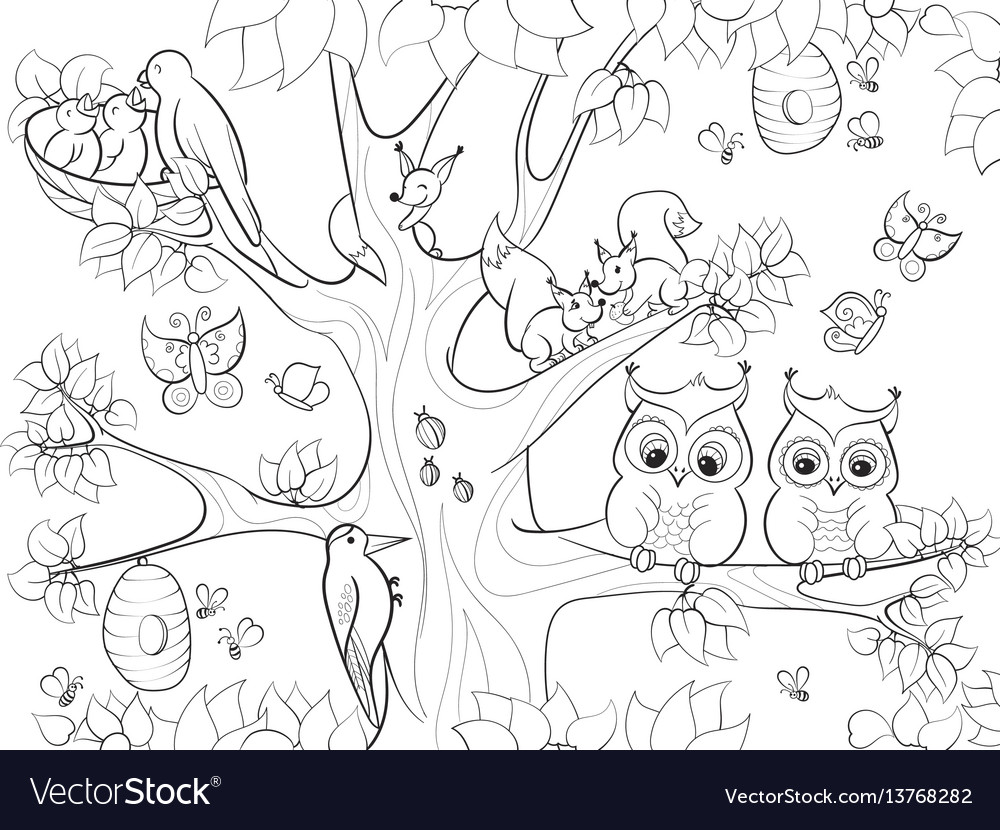 Animals and birds living on tree coloring Vector Image