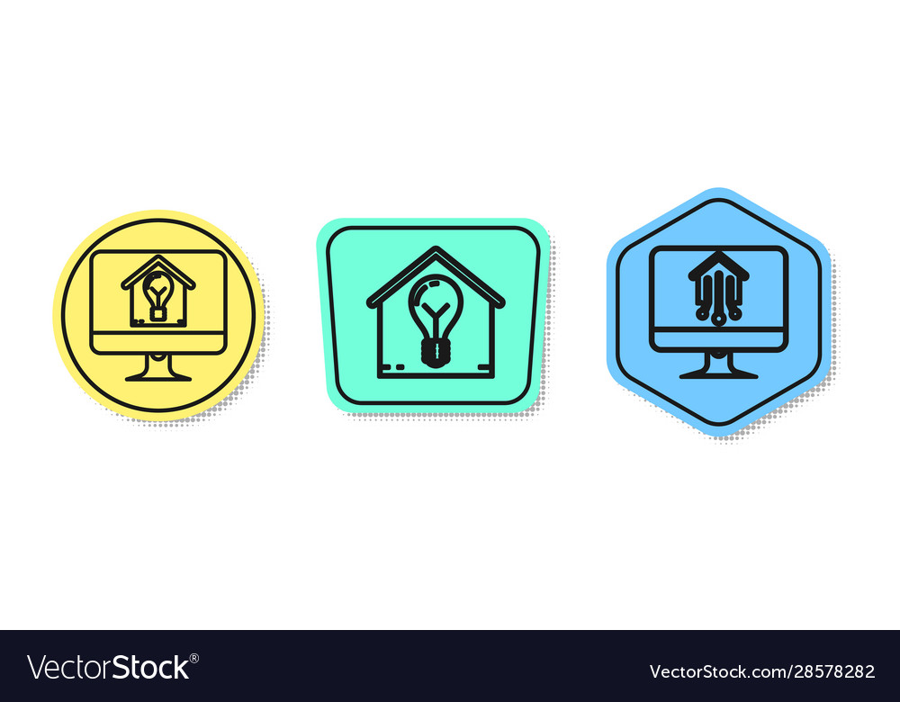 Set line computer monitor with smart house vector image Set line computer monitor with smart house