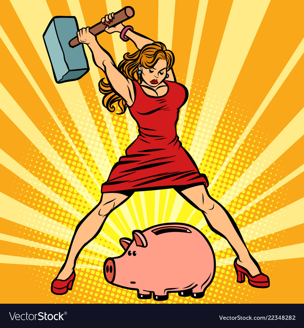 Woman Breaks Piggy Bank Finance Economics And Vector Image