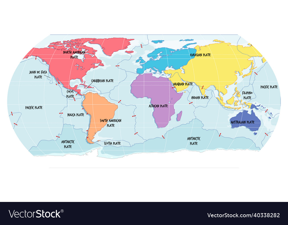 World map showing tectonic plates boundaries