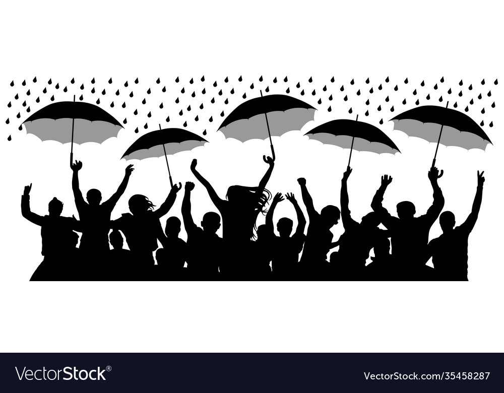 Crowd cheerful people with umbrellas