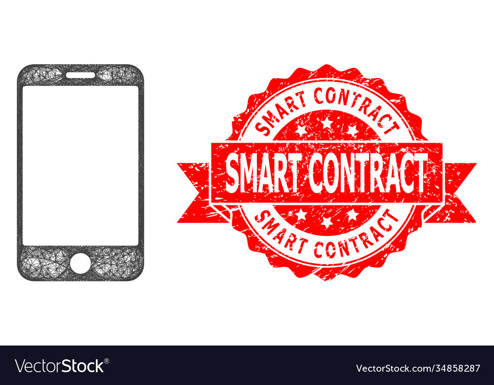 Grunge smart contract seal and linear smartphone vector image Grunge smart contract seal and linear smartphone