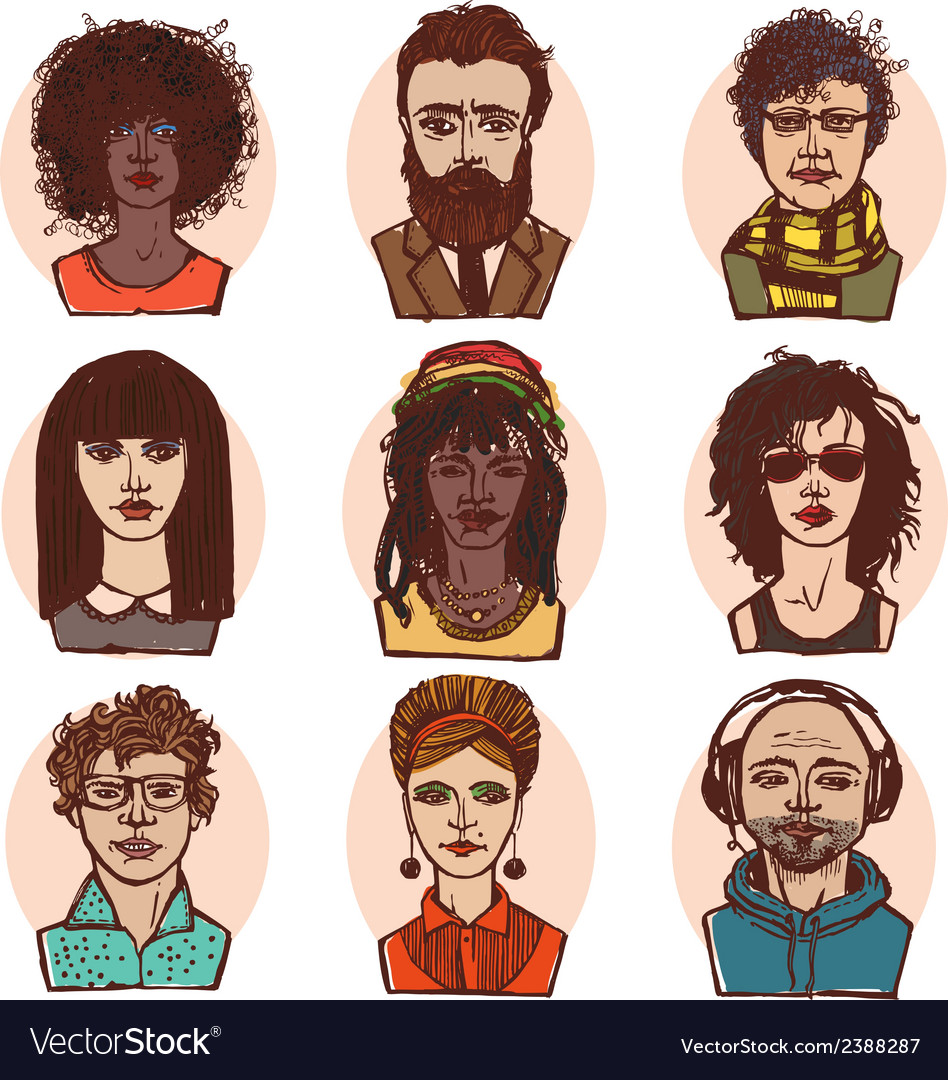 Sketch people portraits colored set