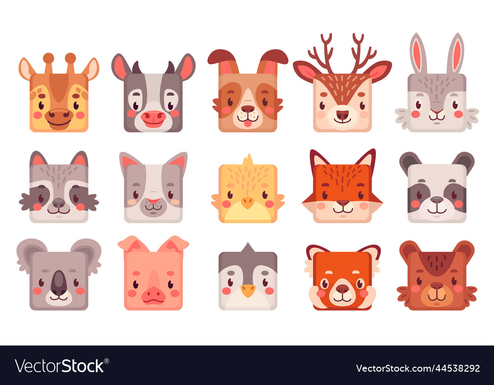 Animal square face cartoon cute animals muzzles vector image Animal square face cartoon cute animals muzzles