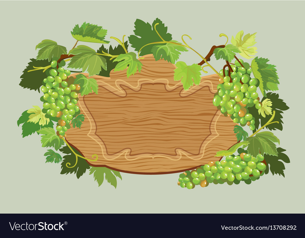 Wooden oval frame with green grapes and leaves