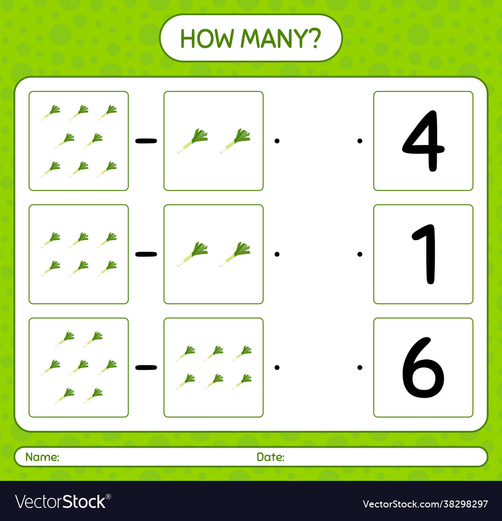 How many counting game with leek worksheet Vector Image How many counting game with leek worksheet