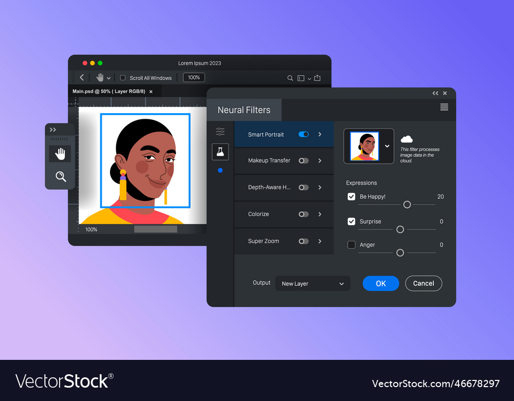 Neural filters in raster graphics editor toolbar Vector Image Neural filters in raster graphics editor toolbar