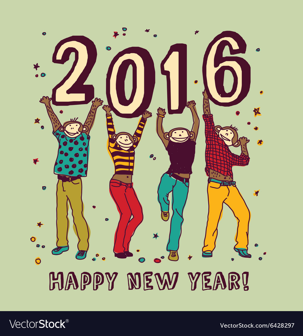 New year sign and happy monkey color card Vector Image