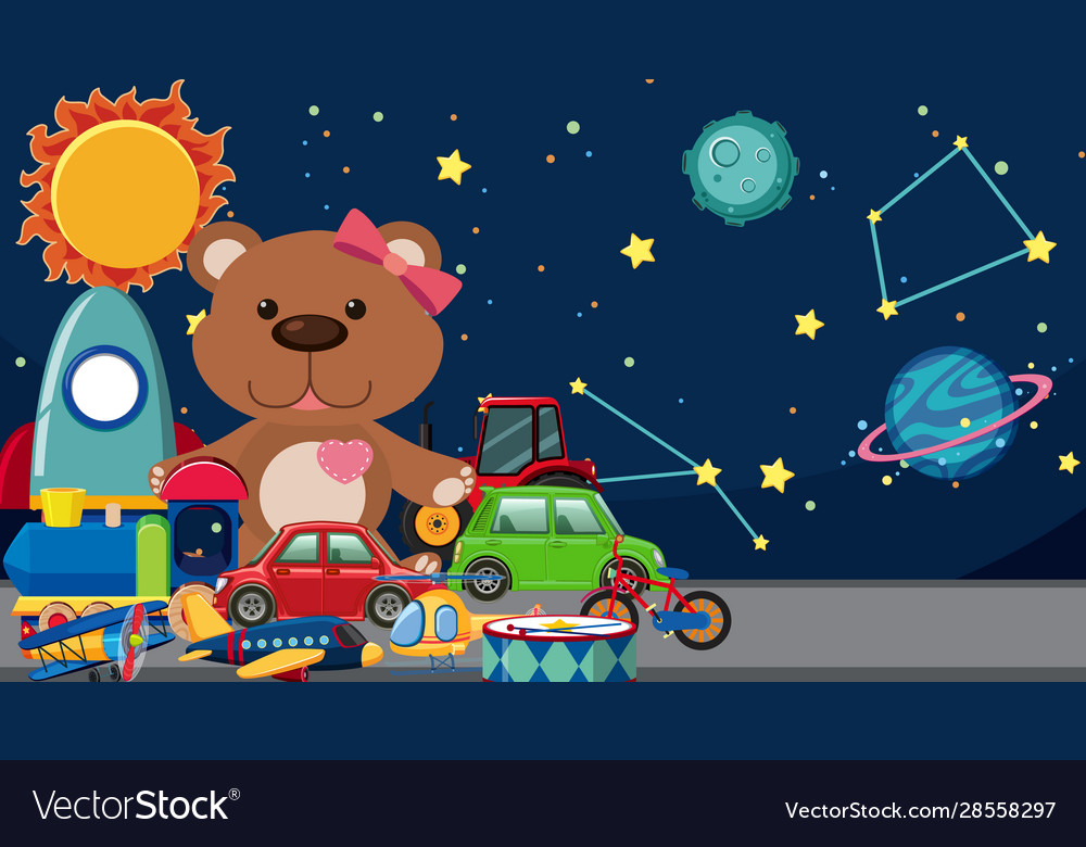 Space background and many cute toys Vector Image Space background and many cute toys