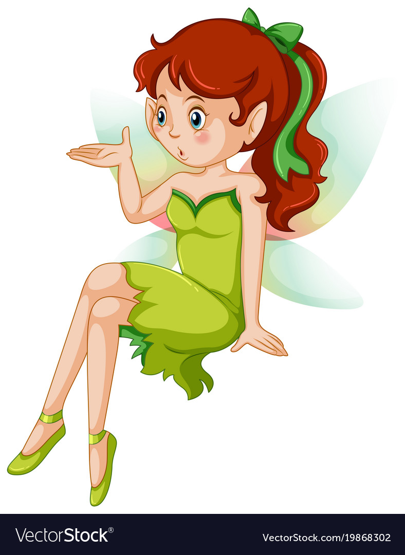 Fairy in green dress with colorful wings