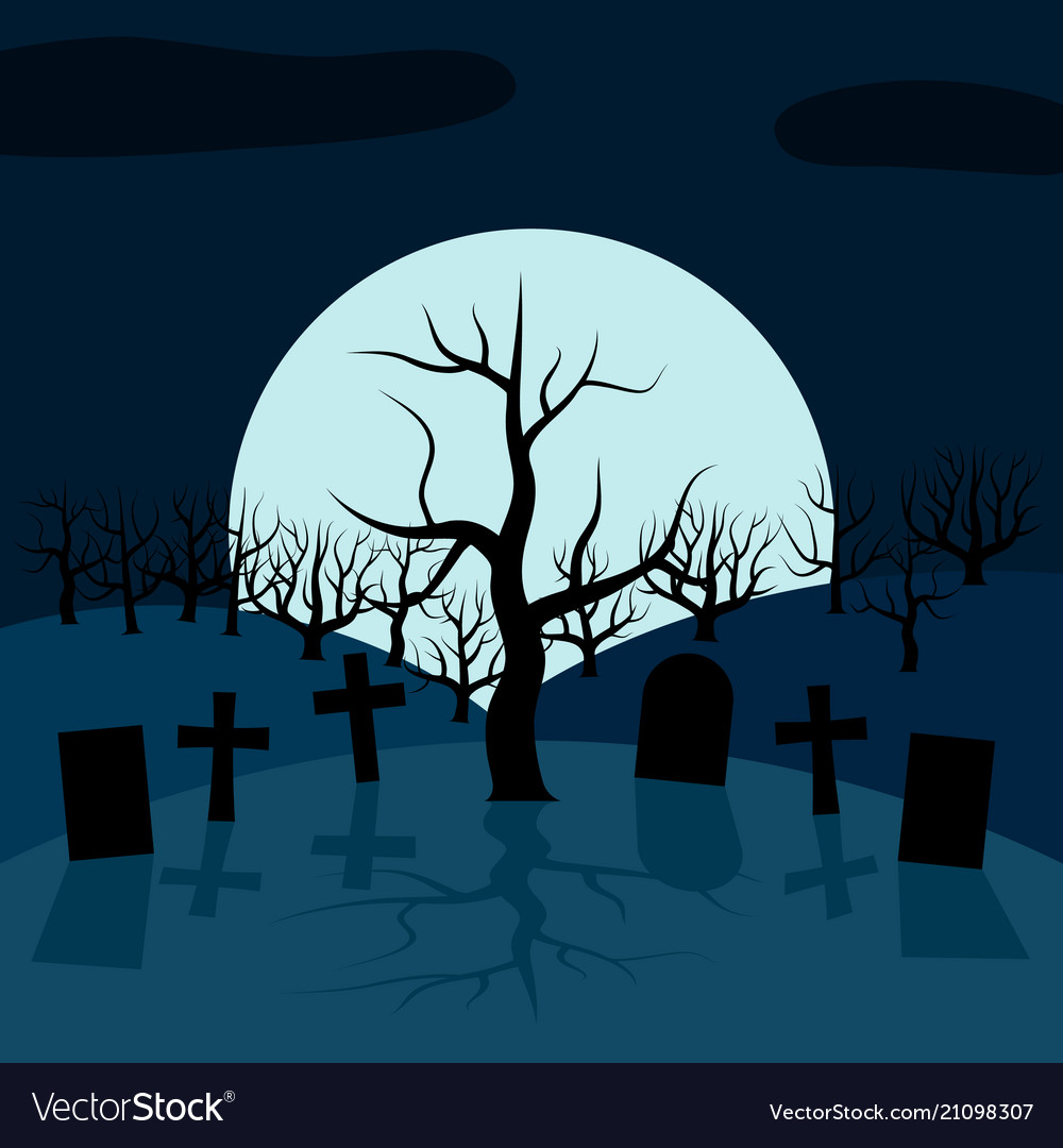 A lonely tree in the cemetery at night Royalty Free Vector