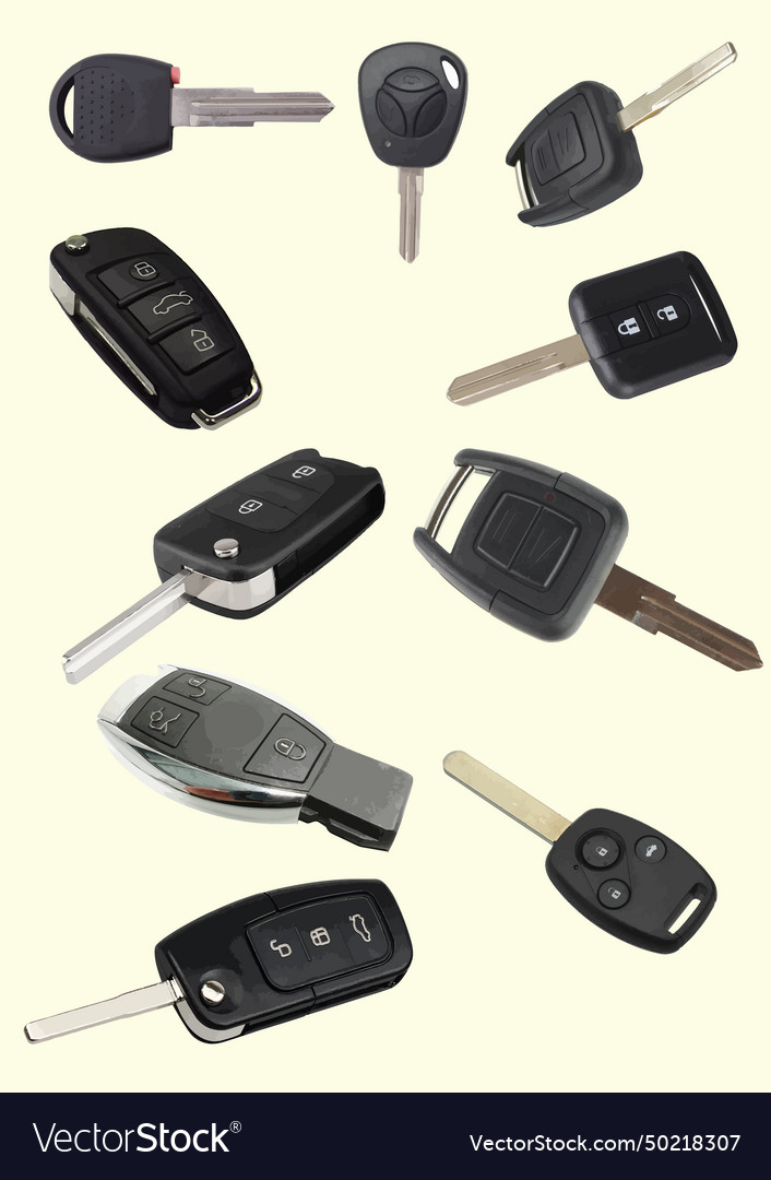 Big set of car keys with remote control isolated