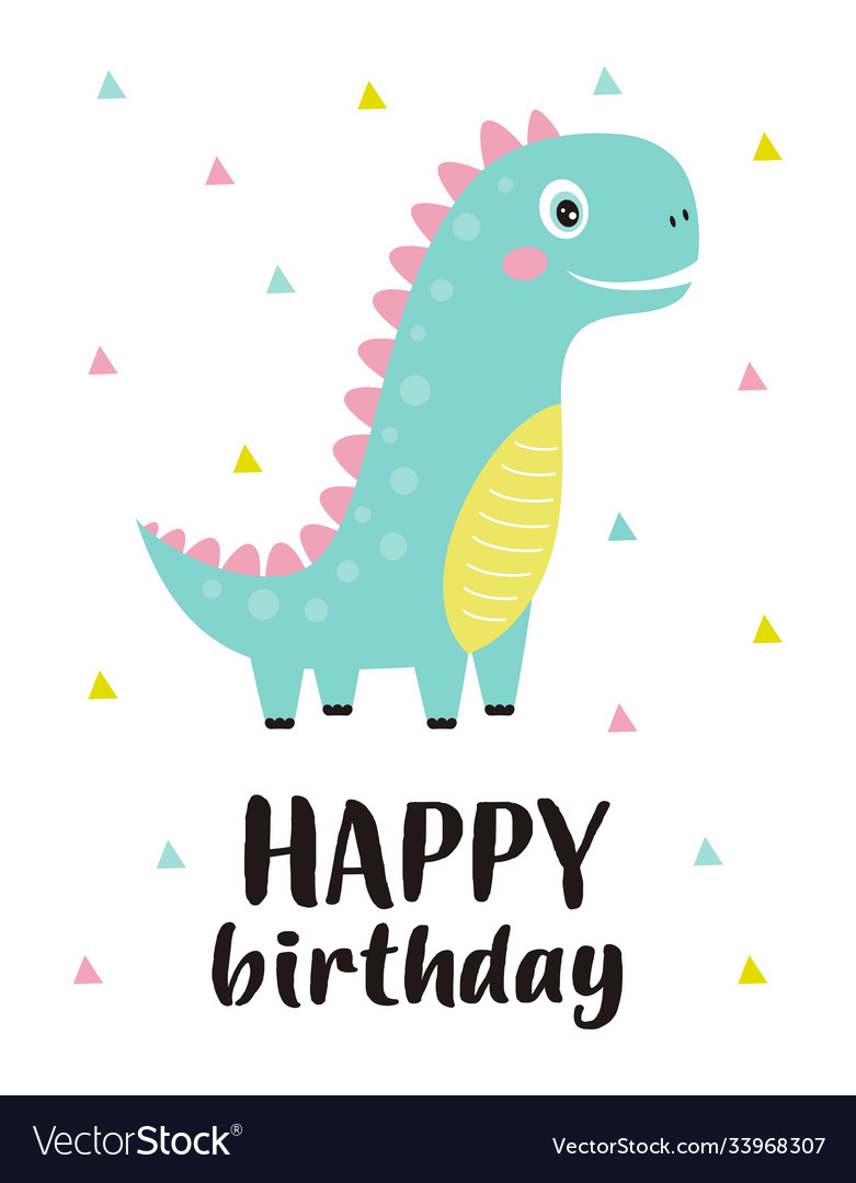 Birthday card with cute dinosaur isolated on white