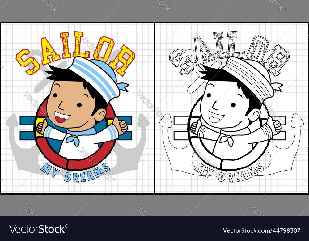 Coloring book of a boy sailor on anchor background