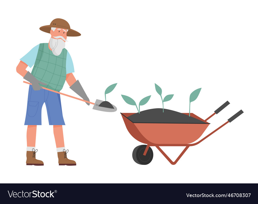 Gardener man with wheelbarrow Royalty Free Vector Image