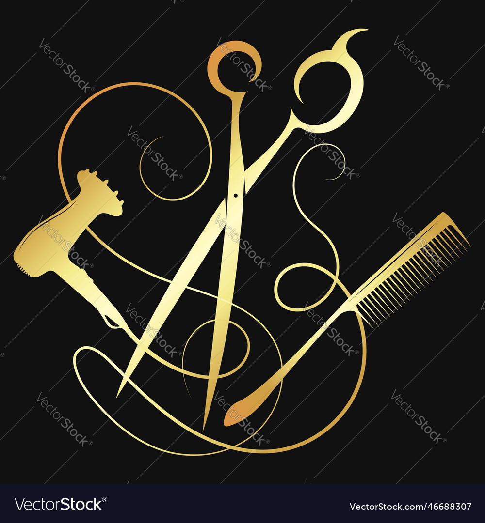 Golden scissors comb and electric hair dryer Vector Image