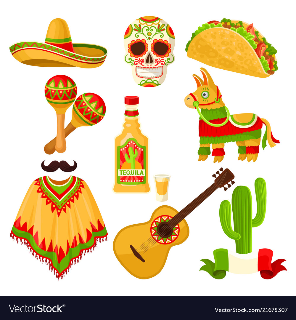 mexican-holiday-symbols-set-sombrero-hat-sugar-vector-image