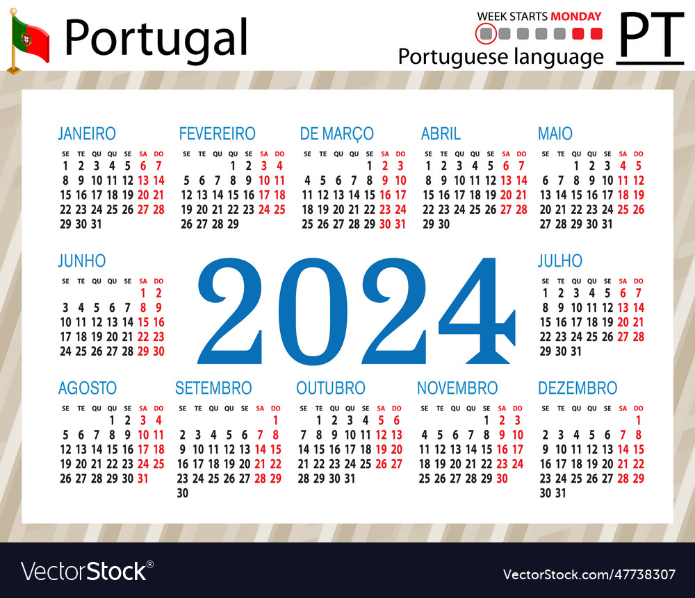 Portuguese horizontal pocket calendar for 2024 Vector Image