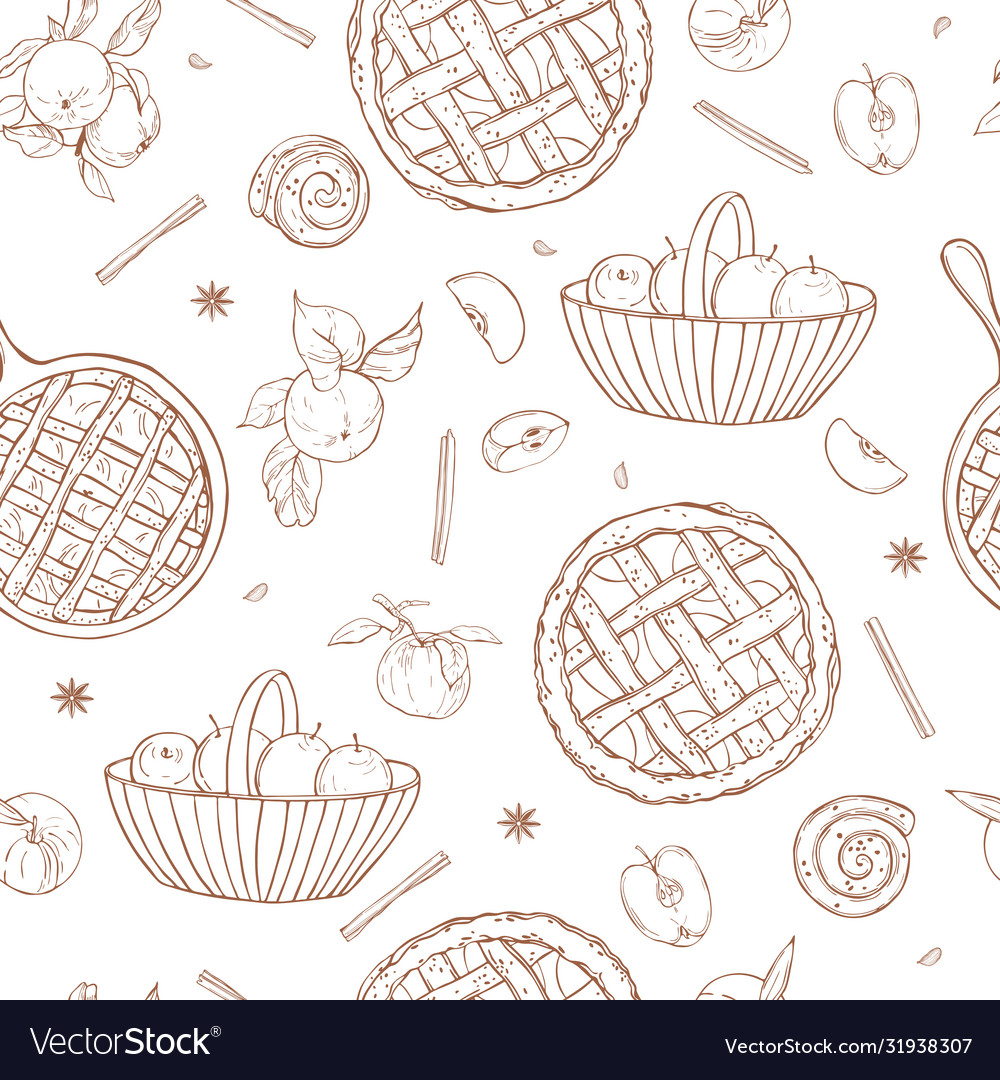 Seamless pattern with apple pie sketch