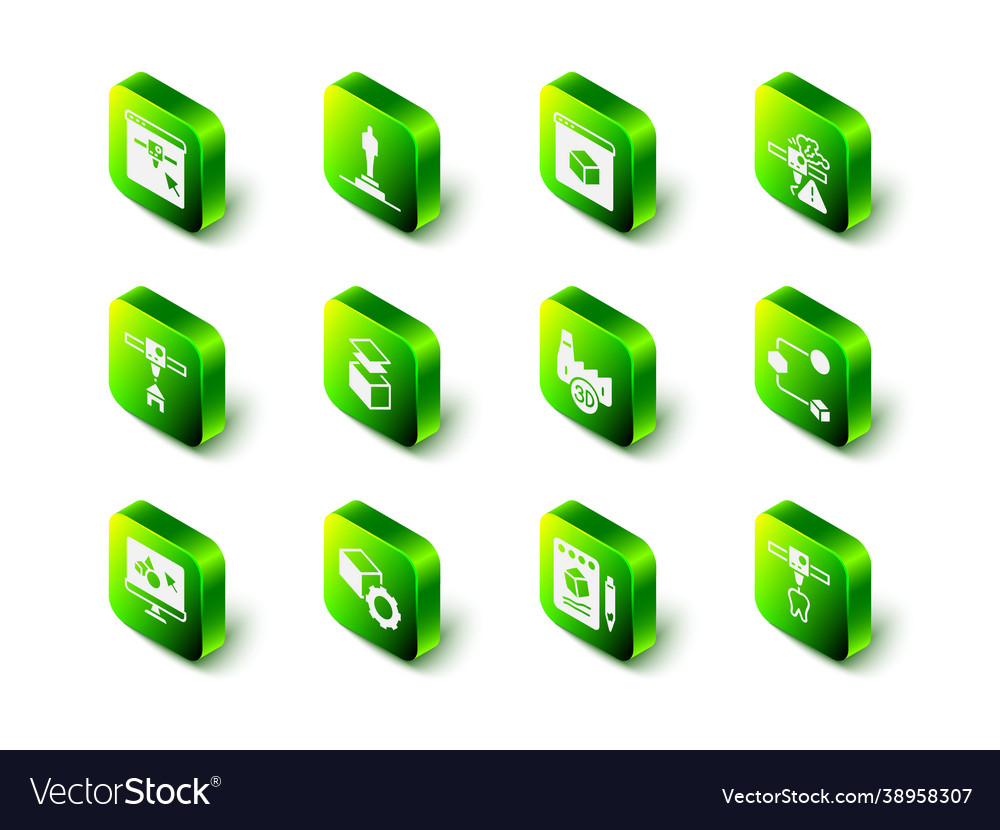 Set 3d printer model warning isometric cube vector image Set 3d printer model warning isometric cube