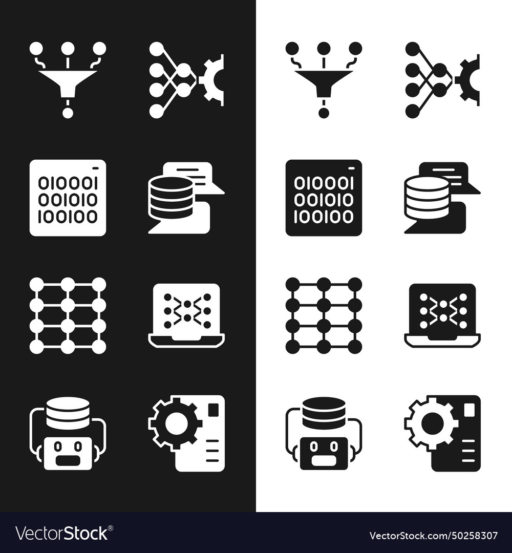 Set server data binary code funnel or filter vector image Set server data binary code funnel or filter