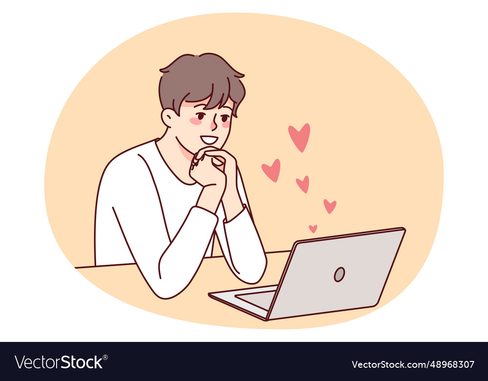 Smiling man use computer looking for love