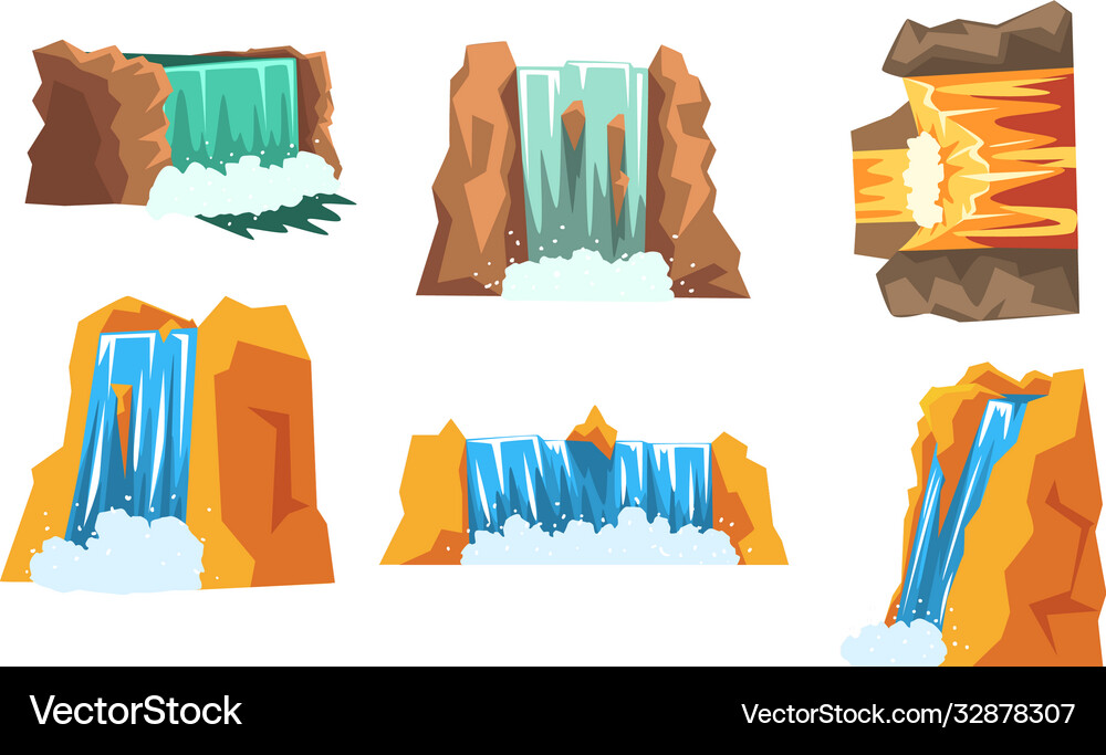 Waterfalls set mountain landscape elements Vector Image