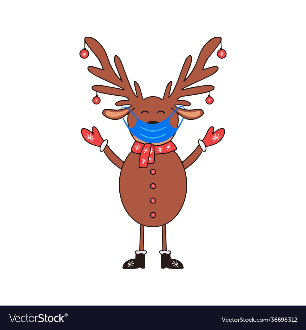 Deer santa in medical mask on a white vector image Deer santa in medical mask on a white
