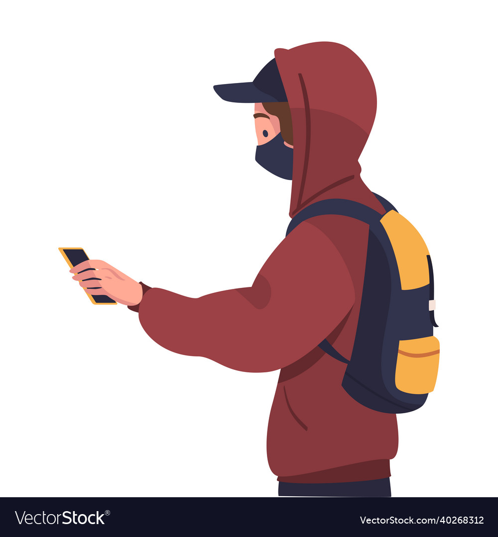 Man character in mask using contactless payment