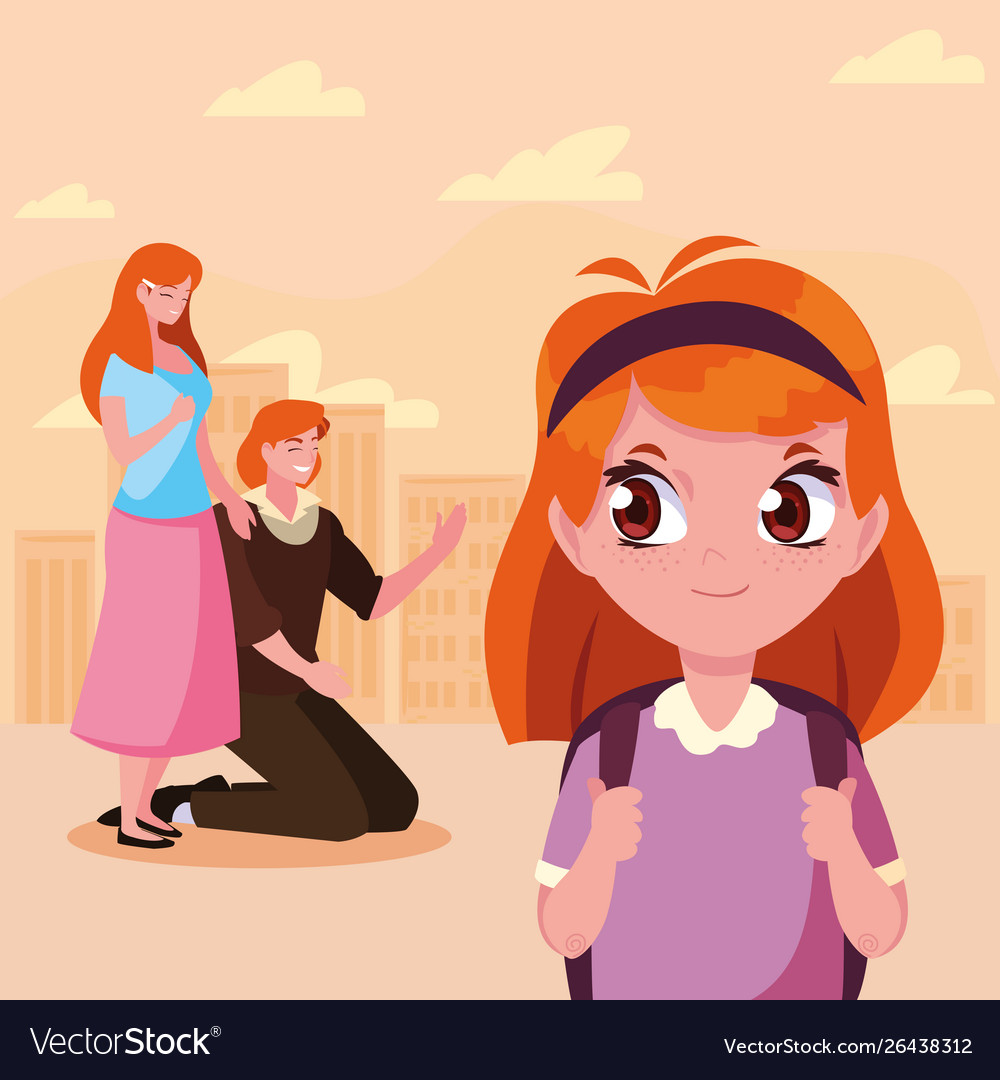 Parents with her daughter student back to school Vector Image