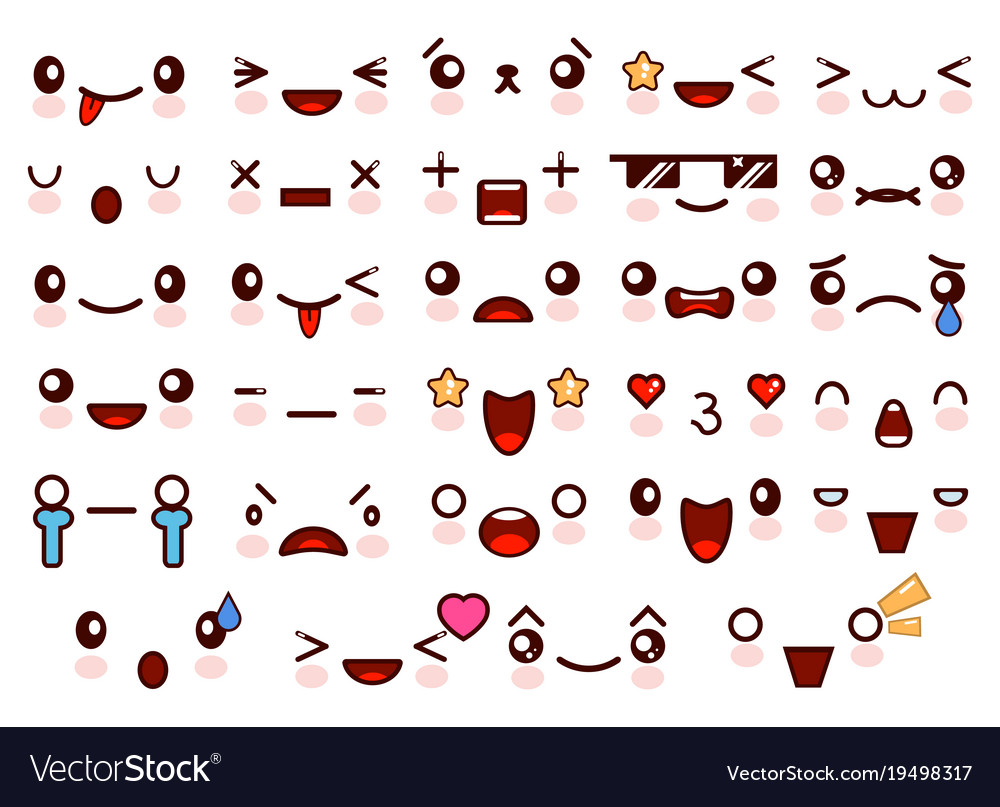 Set of cute kawaii emoticon face and sweet
