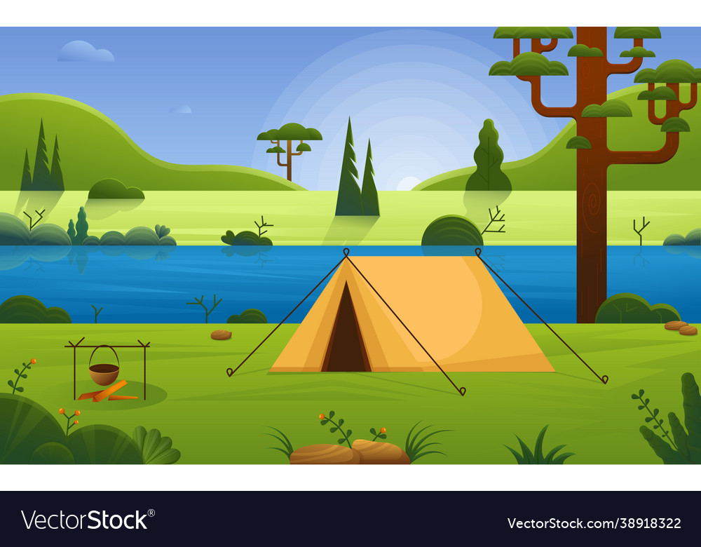 Camping site on river beach in forest Royalty Free Vector