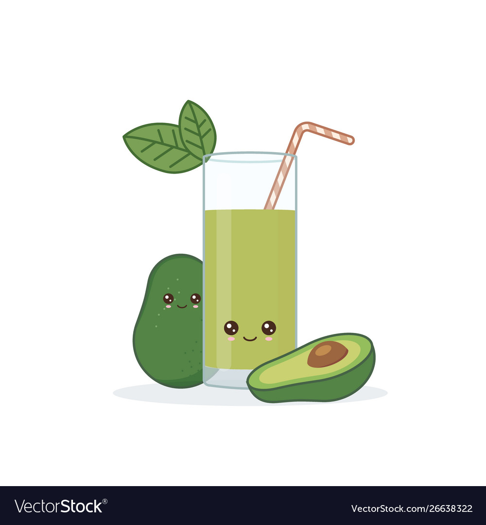 Cute kawaii smiling cartoon avocado juice