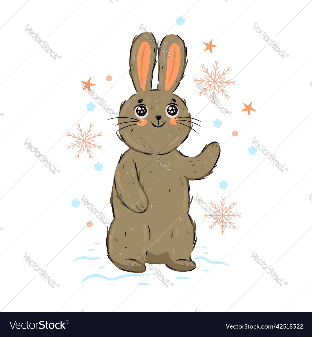 Cute rabbit and snowflakes isolated on white