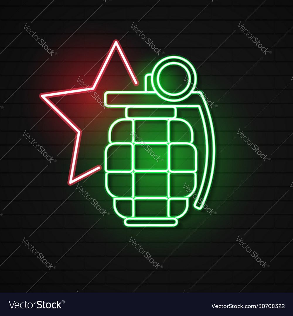 Glowing neon hand grenade icon isolated on brick