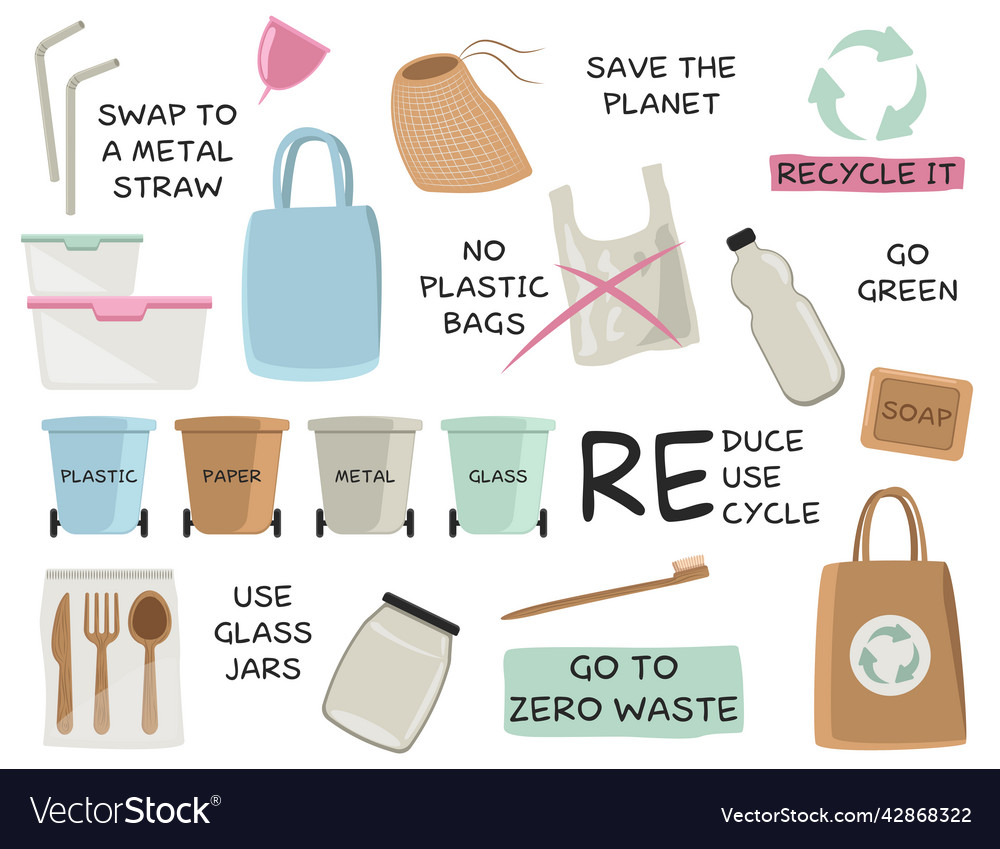 Recycle and reusable products cartoon set Vector Image